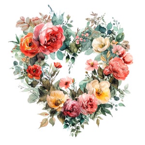 9 Imágenes prediseñadas de corona de corazón floral, Corazón del día de San Valentín, Imágenes prediseñadas digitales, Imágenes prediseñadas de acuarela, Imágenes prediseñadas imprimibles, Descarga digital, Artesanía de papel