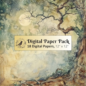 18 documenti Fantasy Trees Vintage, pacchetto di carta digitale 12 x 12, carta per diario spazzatura, carta per album, carta stampabile, JPG di alta qualità
