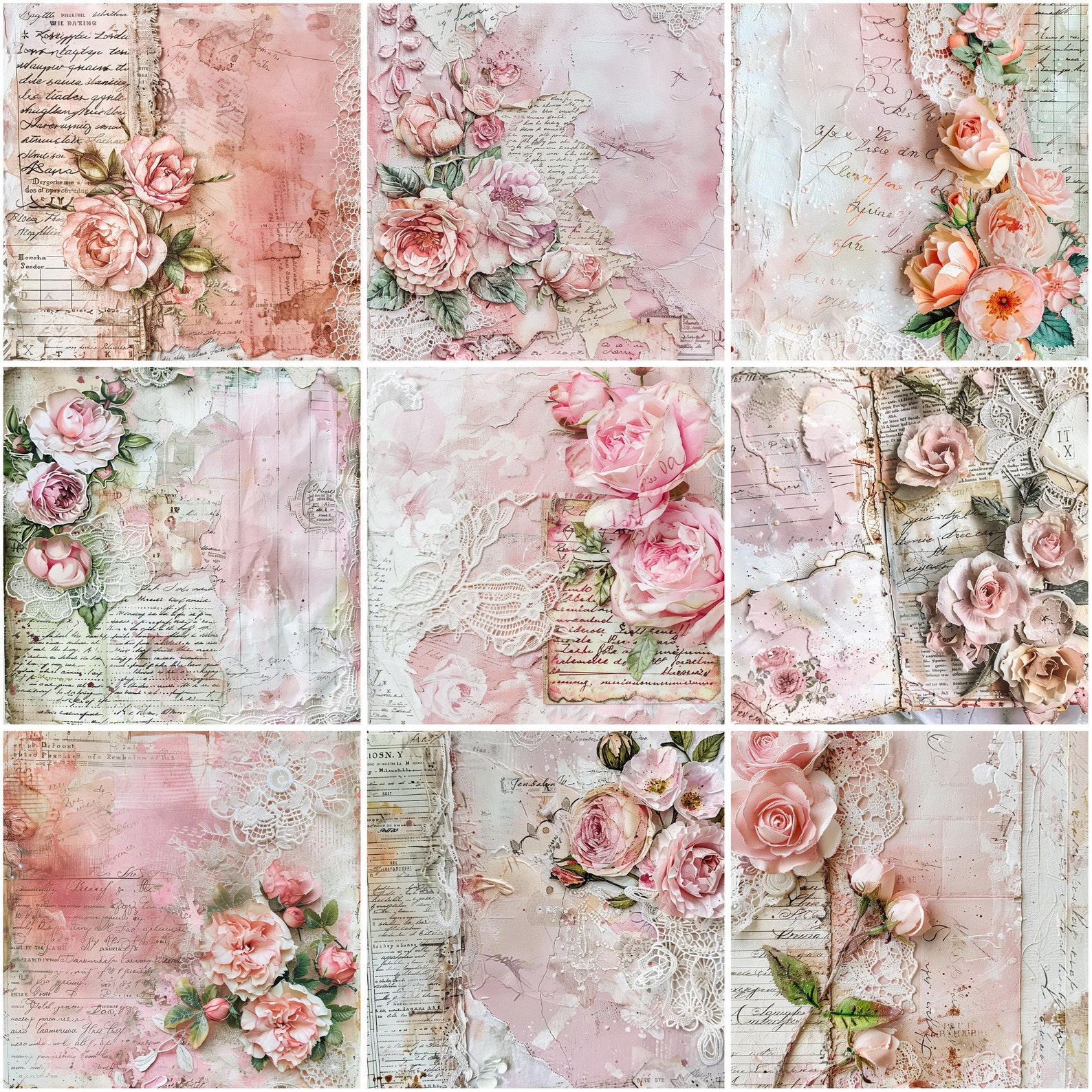 18 Vintage Romantic Roses Papers, 12 X 12 Digital Paper Pack, Junk ...