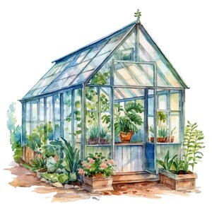 Puede incluir: Una pintura de acuarela de un invernadero con un techo de vidrio y un marco de madera. El invernadero est&aacute; lleno de varias plantas y flores en macetas. El invernadero est&aacute; rodeado de un jard&iacute;n exuberante con plantas y flores verdes.