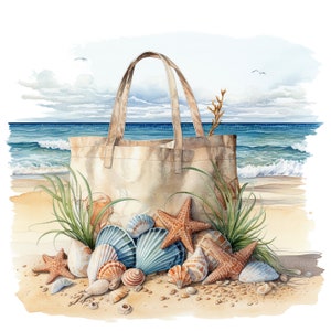May include: A beige canvas tote bag filled with seashells and starfish on a sandy beach with blue ocean waves in the background.