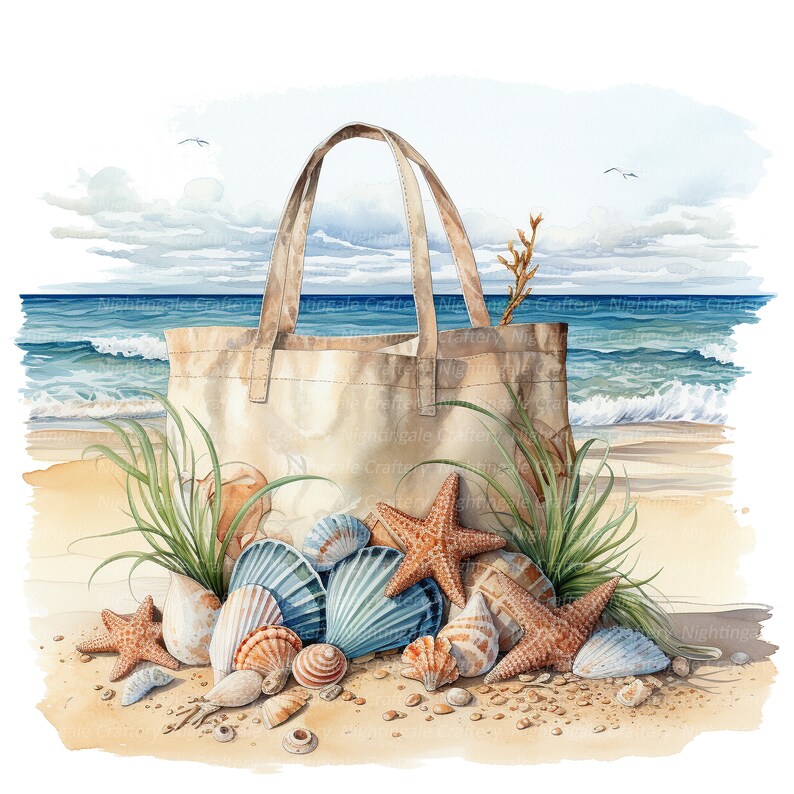 May include: A beige canvas tote bag filled with seashells and starfish on a sandy beach with blue ocean waves in the background.
