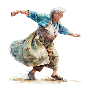 May include: A watercolor painting of an older woman wearing a blue and white patterned dress and a brown vest. She is dancing with her arms outstretched and a joyful expression on her face.