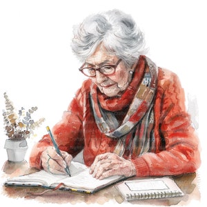 12 senior vrouw schrijven clipart, schrijver clipart, afdrukbare aquarel clipart, hoge kwaliteit JPG, digitale download, Paper Craft, junk Journal