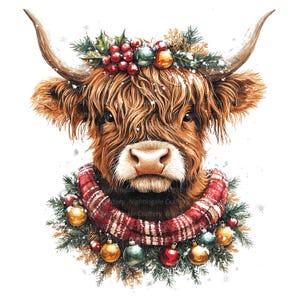 7 imágenes prediseñadas de vacas de las tierras altas de Navidad, imágenes prediseñadas de granja, imágenes prediseñadas de acuarela imprimibles, PNG de alta calidad, descarga digital, manualidades de papel, revistas basura