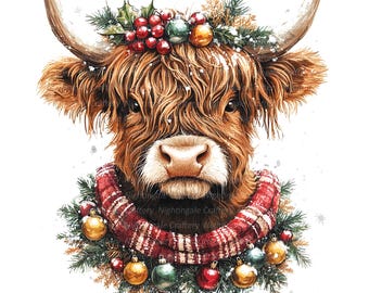 7 Christmas Highland Cow Clipart, Farm Clipart, Printable Watercolor clipart, High Quality PNG, Digital download, Paper craft, junk journals