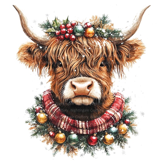 7 Christmas Highland Cow Clipart, Farm Clipart, Printable Watercolor clipart, High Quality PNG, Digital download, Paper craft, junk journals