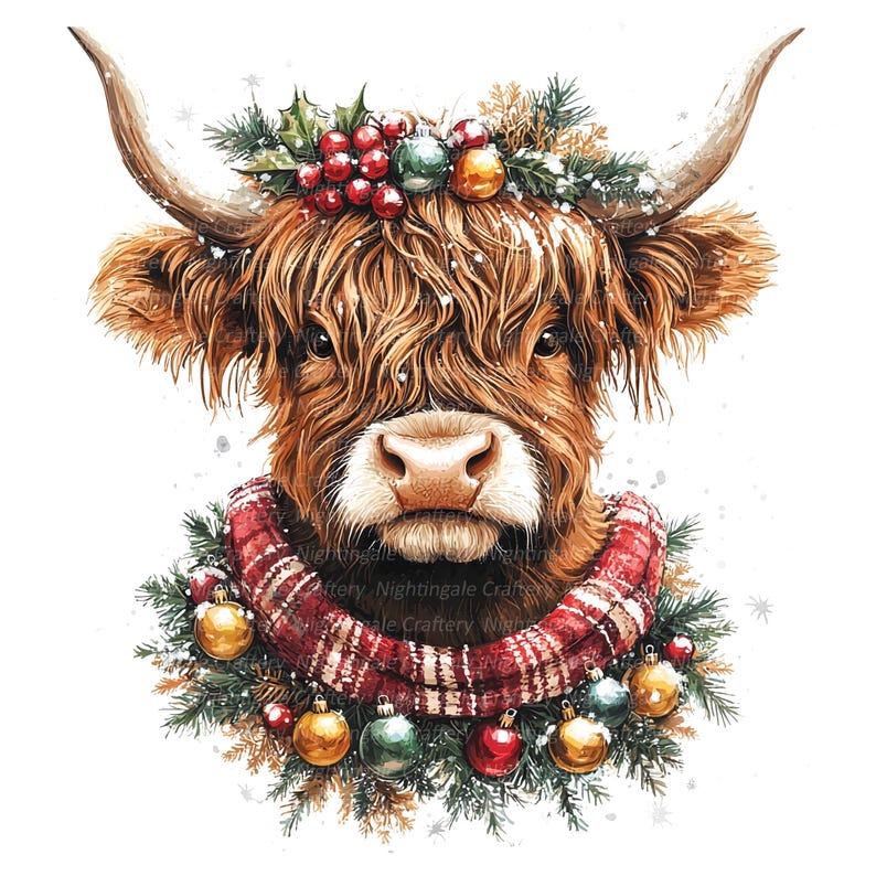 May include: A Highland cow with a red and black plaid scarf and a Christmas wreath around its neck. The wreath is decorated with green pine branches, red berries, and gold and green ornaments.