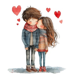 10 imágenes prediseñadas de pareja enamorada, amantes, adolescentes románticos, imágenes prediseñadas de acuarela imprimibles, PNG de alta calidad, descarga digital, manualidades de papel, diario basura