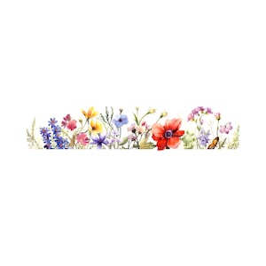 Peut inclure: Peinture &agrave; l'aquarelle d'une bordure de fleurs sauvages color&eacute;es, dont des coquelicots rouges, des marguerites jaunes, des myosotis bleus et des fleurs roses. Un papillon vole au-dessus des fleurs.