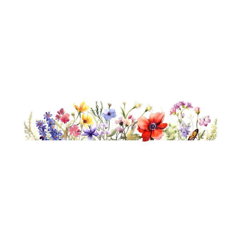 Peut inclure: Peinture &agrave; l'aquarelle d'une bordure de fleurs sauvages color&eacute;es, dont des coquelicots rouges, des marguerites jaunes, des myosotis bleus et des fleurs roses. Un papillon vole au-dessus des fleurs.
