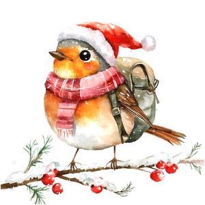 10 imágenes prediseñadas de petirrojo con mochila, petirrojo navideño, imágenes prediseñadas de acuarela imprimibles, JPG de alta calidad, descarga digital, manualidades de papel, diario basura