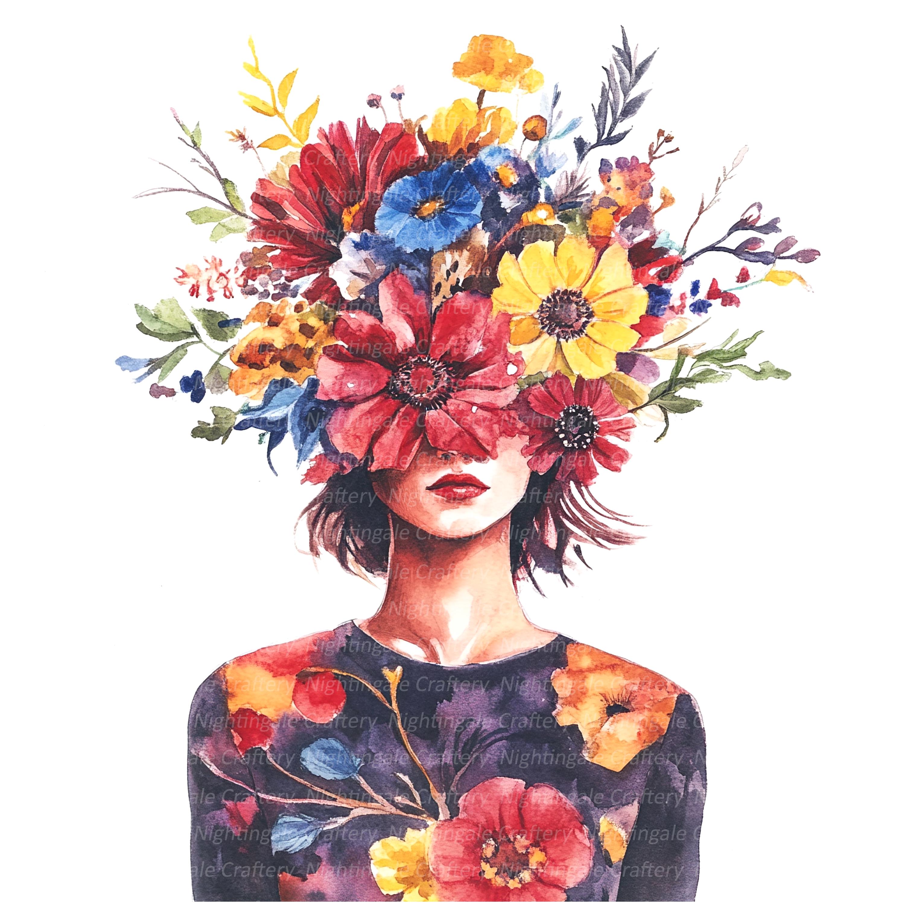 12 女性の花束クリップアート、花の頭、印刷可能な水彩クリップアート