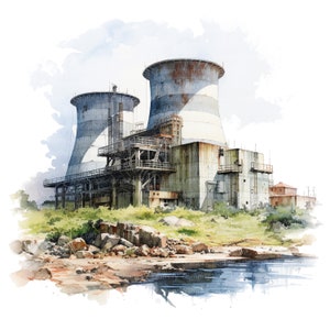 10 imágenes prediseñadas de planta de energía nuclear abandonada, imágenes prediseñadas de acuarela imprimibles, JPG de alta calidad, descarga digital, artesanía en papel, diarios basura