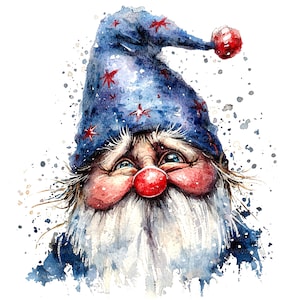 May include: A watercolor painting of a gnome with a blue hat with red stars, a white beard, and a red nose. The gnome is smiling and has a happy expression.