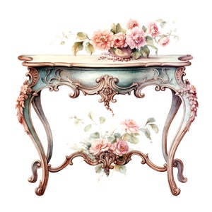 Puede incluir: Ilustración en acuarela de una mesa antigua con tallas ornamentadas y patas curvas. La mesa está pintada en tonos turquesa y dorado, con una tapa efecto mármol. Un jarrón con flores rosas y perlas se encuentra encima, con acentos florales adicionales.