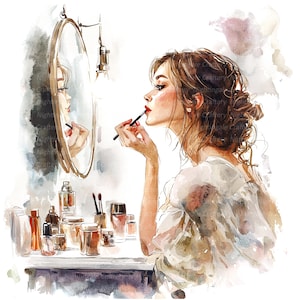 15 Clipart di donna che si guarda allo specchio, Clipart di trucco, Clipart di acquerello stampabili, JPG di alta qualità, Download digitale, Carta artigianale, diari