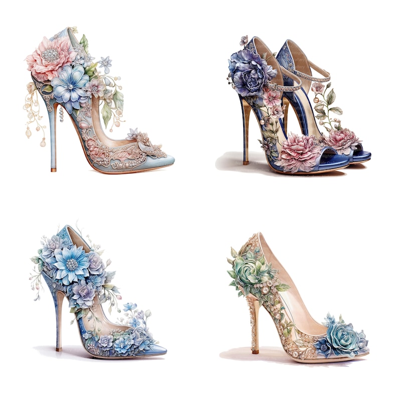 Peut inclure: Quatre paires de chaussures &agrave; talons hauts avec des embellissements floraux. Les chaussures sont dans des tons de bleu, rose et vert. Les fleurs sont en tissu et sont dispos&eacute;es dans une vari&eacute;t&eacute; de styles.