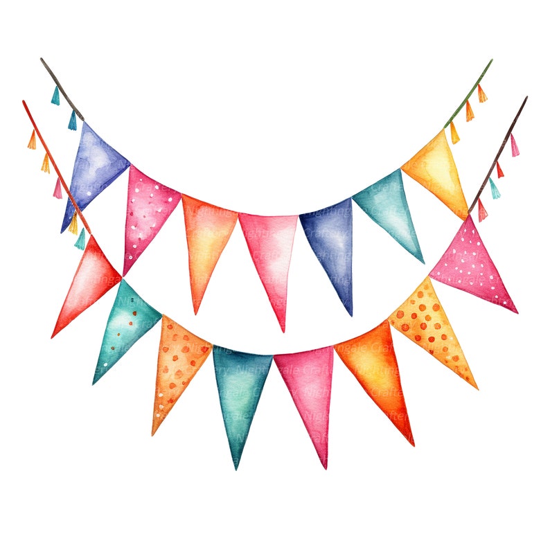 May include: Watercolor illustration of two rows of colorful pennant flags. The flags are in shades of blue, pink, orange, and green, some with polka dots. The flags are strung on brown twine with small tassels at the ends.