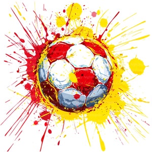 May include: A soccer ball illustration with a red and white design, surrounded by yellow and red paint splatters. The image has a dynamic, artistic feel, perfect for sports-themed products.