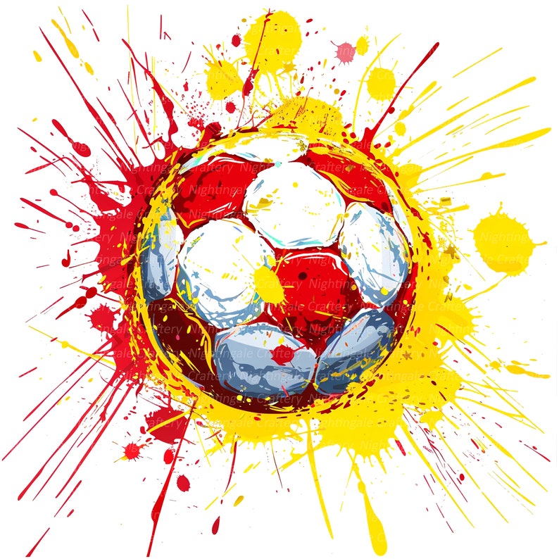 May include: A soccer ball illustration with a red and white design, surrounded by yellow and red paint splatters. The image has a dynamic, artistic feel, perfect for sports-themed products.
