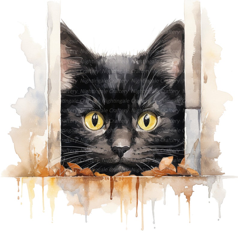 May include: A black cat with yellow eyes peeks out from behind a wooden door. The cat is painted in a watercolor style with brown and orange accents.