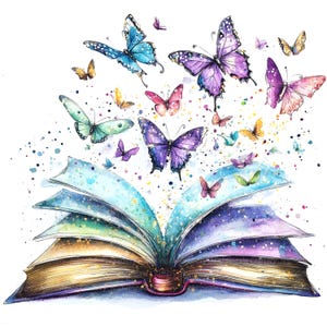 10 cliparts livre magique, oiseaux papillons clipart, clipart aquarelle imprimable, JPG de haute qualité, téléchargement numérique, créations en papier, journaux