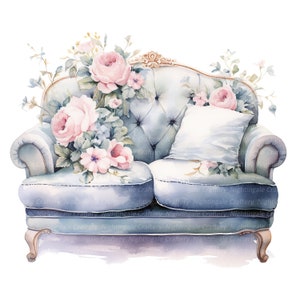 16 cliparts floral vintage de canapé, shabby chic, clipart aquarelle imprimable, fichiers JPG de haute qualité, téléchargement numérique, créations en papier, journaux indésirables