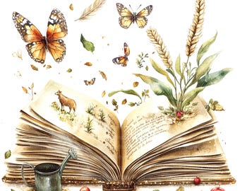 May include: An open vintage book with handwritten text and illustrations of a sheep, plants, and butterflies. The book is surrounded by wheat stalks, leaves, and a watering can.