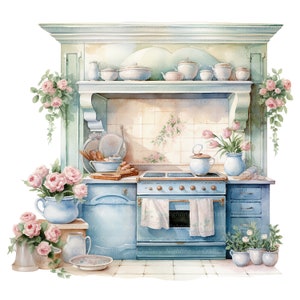 vintage floral kitchen scene clipart set graphic by... 14 Vintage Floral Kitchen Clipart, Shabby Chic, Printable Watercolor ...