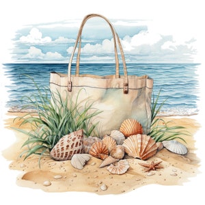 May include: A beige canvas tote bag with brown leather handles sits on a sandy beach with a collection of seashells. The bag is partially covered by green grass. The ocean is visible in the background.
