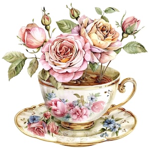 11 rosas en imágenes prediseñadas de taza de té, taza de té floral, imágenes prediseñadas de acuarela imprimible, JPG de alta calidad, descarga digital, artesanía de papel, diario basura