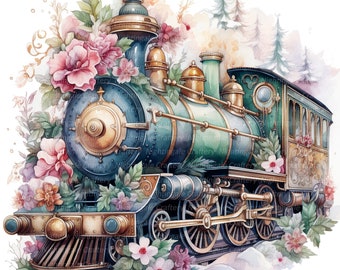 May include: A vintage steam train engine with gold accents and green and blue paint is surrounded by pink and white flowers. The train is on a white background.