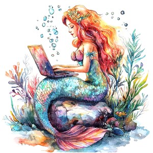 10 Watercolor Mermaid Clipart, Mermaid Laptop, Printable Watercolor ...