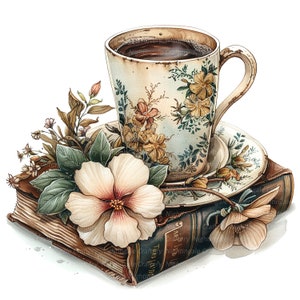 12 Clipart di caffè e libri, Clipart di caffè, Clipart acquerello stampabile, PNG di alta qualità, Download digitale, Carta artigianale, diari spazzatura