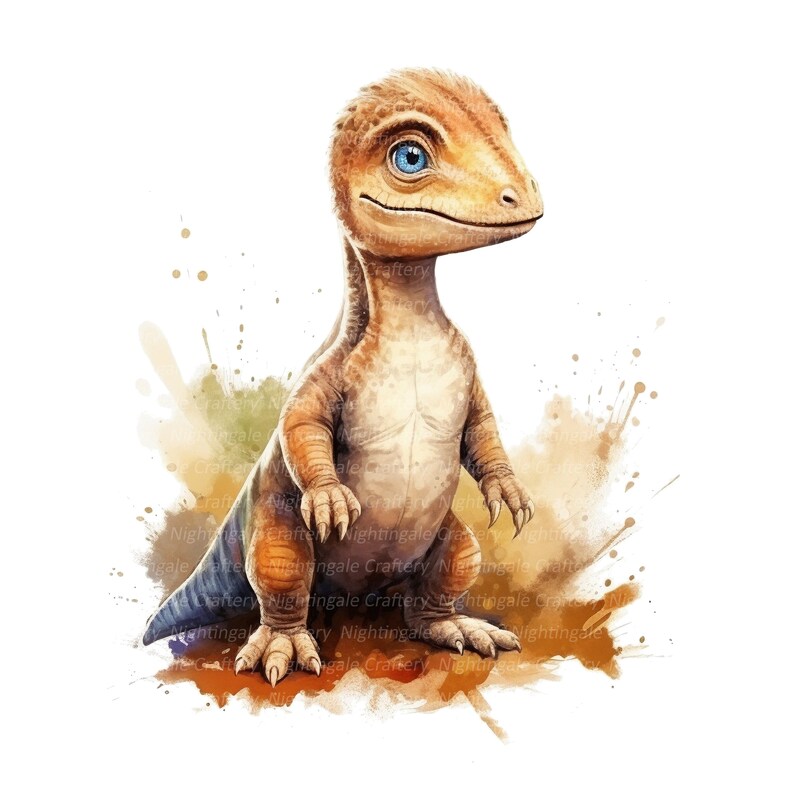 K&ouml;nnte beinhalten: Ein Aquarellbild eines kleinen, braunen Dinosauriers mit blauen Augen. Der Dinosaurier steht auf einer braunen, strukturierten Oberfl&auml;che mit braunen und gelben Aquarellspritzer im Hintergrund.