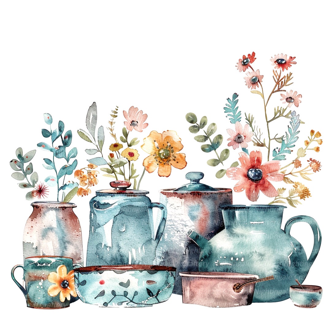 12 Floral Pots and Pans, Kitchen Clipart, Printable Watercolor Clipart, High Quality Jpgs ...