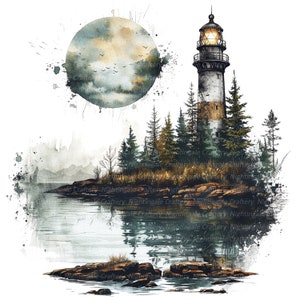 May include: A watercolor painting of a lighthouse on a small island with a full moon in the background. The lighthouse is white with a black roof and a light on top. The island is covered in trees and rocks. The water is a dark blue and the sky is a light blue.