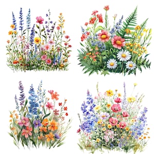 20 Wildflower Bouquet Clipart, Rustic Flowerbed, Printable Watercolor clipart, High Quality JPGs, Digital download, Paper craft, journal