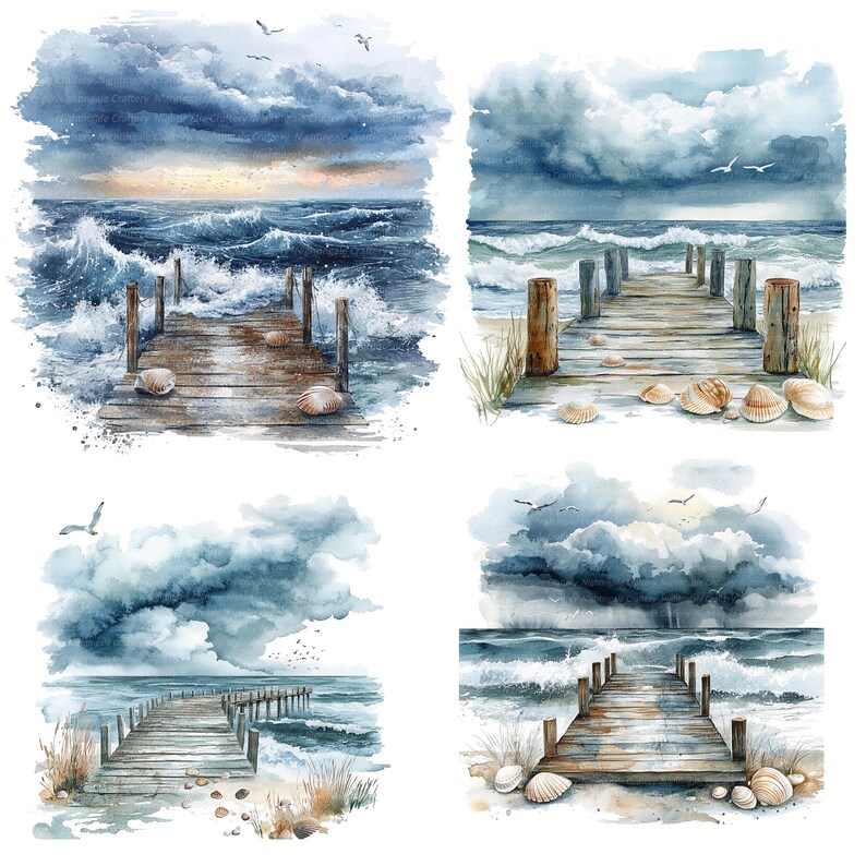 May include: Four watercolor paintings of seascapes with wooden piers extending into the ocean. Each painting features a stormy sky with dark clouds and waves crashing against the pier. The piers are weathered and worn, with seashells scattered on the sand.