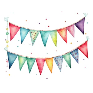 May include: Watercolor illustration of two festive banner garlands with colorful triangular flags. The flags are in shades of red, blue, green, yellow, and purple, with some featuring heart and polka dot patterns. Small colorful dots are scattered around the garlands.