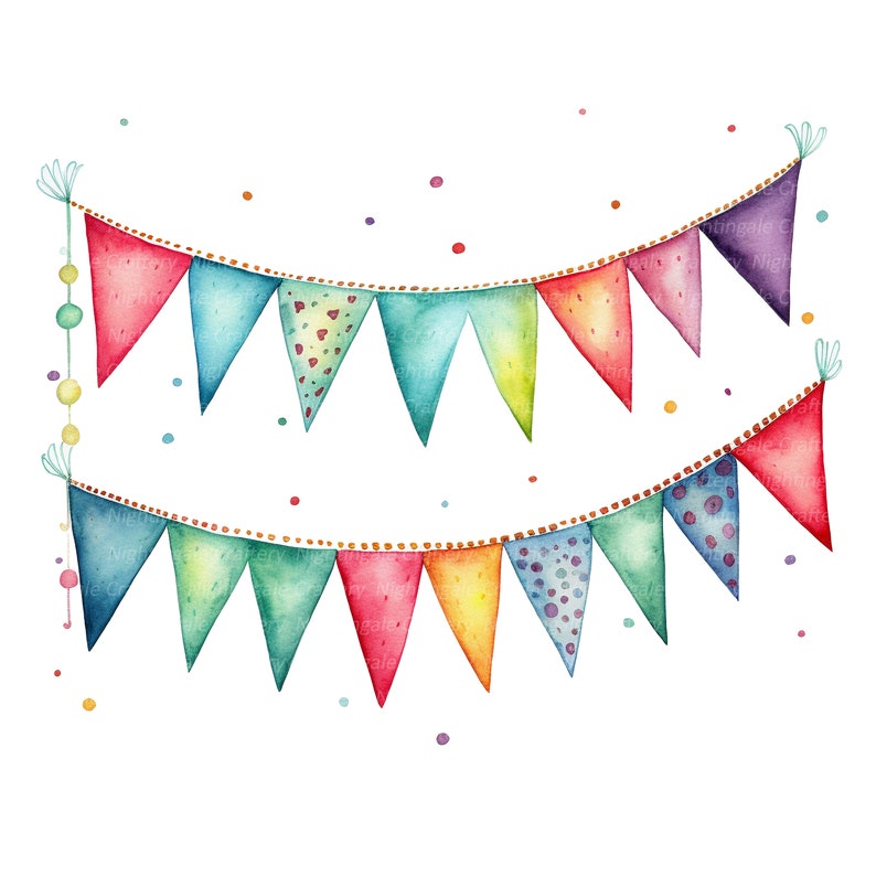 May include: Watercolor illustration of two festive banner garlands with colorful triangular flags. The flags are in shades of red, blue, green, yellow, and purple, with some featuring heart and polka dot patterns. Small colorful dots are scattered around the garlands.