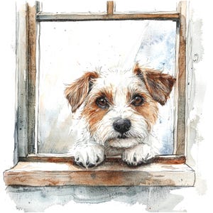 11 Cute Puppy at Window Clipart, Dog Clipart, Printable Watercolor ...
