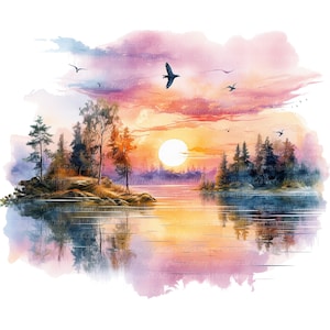 10 imágenes prediseñadas de puesta de sol sobre el lago, imágenes prediseñadas de puesta de sol en el lago, imágenes prediseñadas de acuarela imprimibles, PNG/JPG de alta calidad, descarga digital, manualidades de papel