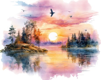10 Sunset over Lake Clipart, Lake Sunset clipart, Printable Watercolor clipart, High Quality PNG/JPGs, Digital download, Paper craft