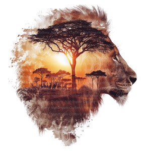 K&ouml;nnte beinhalten: Digitaler Kunstdruck mit einem L&ouml;wenprofil und einer Savannenlandschaft. Das Kunstwerk verbindet die Form des L&ouml;wen mit einem Sonnenuntergang &uuml;ber der afrikanischen Savanne, mit silhouettierten B&auml;umen und Tieren. Warme Farben wie Orange, Braun und Gold.