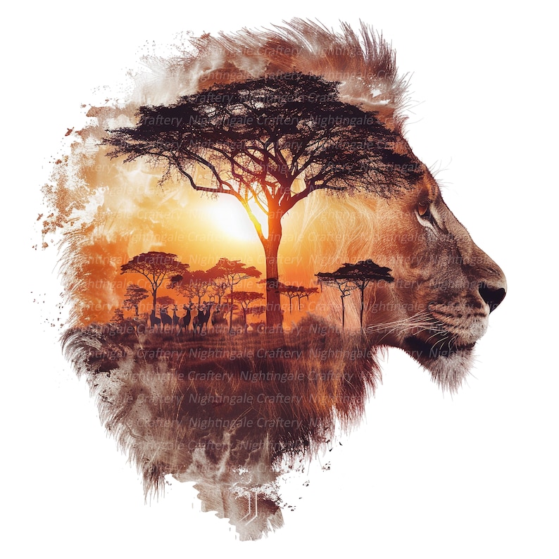 K&ouml;nnte beinhalten: Digitaler Kunstdruck mit einem L&ouml;wenprofil und einer Savannenlandschaft. Das Kunstwerk verbindet die Form des L&ouml;wen mit einem Sonnenuntergang &uuml;ber der afrikanischen Savanne, mit silhouettierten B&auml;umen und Tieren. Warme Farben wie Orange, Braun und Gold.