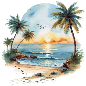 12 PNG Clipart di Sunny Beach, Clipart di palme, Spiaggia tropicale, Clipart acquerello stampabile, PNG trasparenti, Download digitale, Carta artigianale