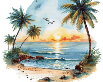 12 PNG Sunny Beach Clipart, Palms Clipart, Tropical Beach, Printable Watercolor clipart, Transparent PNGs, Digital download, Paper craft