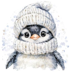 12 Pinguin Wolle Hut Clipart, Winter Pinguin, druckbare Aquarell Clipart, hochwertige JPGs, digitaler Download, Papiermodell, Junk Journals